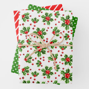Holly Tree Leaves Berries Polka Dots Patter Wrapping Paper Sheet