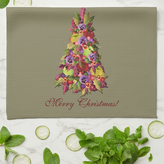 Holly Tree with Apples and Pansies Christmas Tea Towel (Folded)