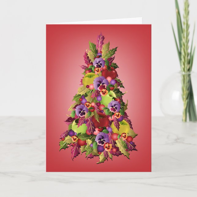 Holly Tree with Apples and Pansies Pink Christmas Holiday Card (Front)