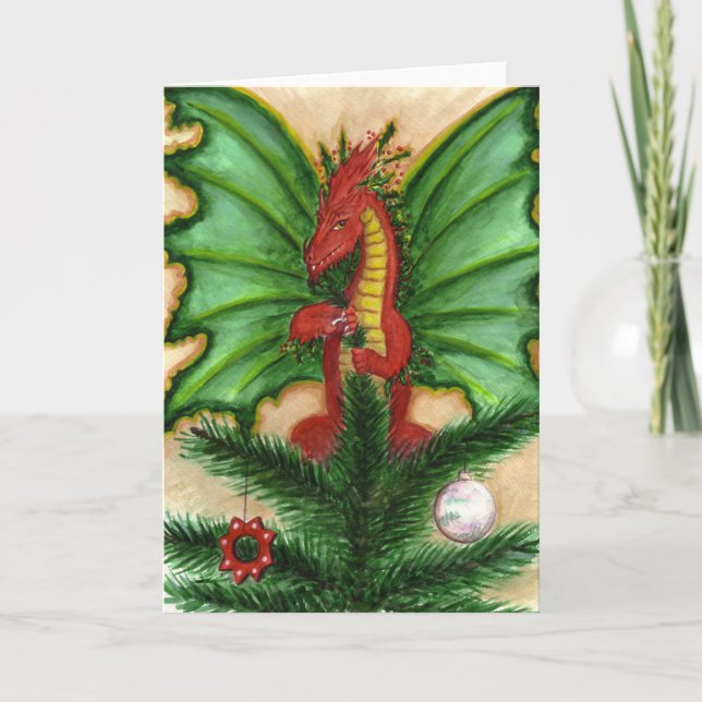 Holly Treetop Dragon Holiday Card (Front)