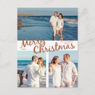 Holly Trimmed Merry Christmas 3 Photo Holiday Postcard