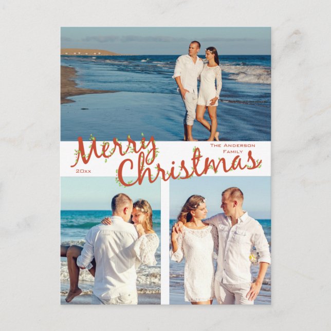 Holly Trimmed Merry Christmas 3 Photo Holiday Postcard (Front)