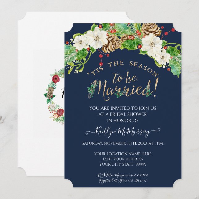 Holly White Floral Navy Christmas Bridal Shower Invitation (Front/Back)