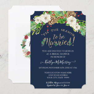 Holly White Floral Navy Christmas Bridal Shower Invitation