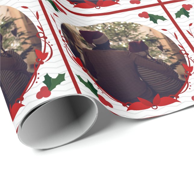 Holly White Red Family Photo Christmas Wrapping Paper (Roll Corner)
