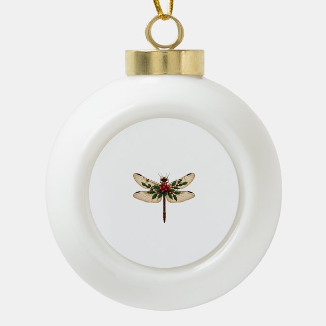 Holly Winged Dragonfly Ceramic Ball Christmas Ornament (Front)