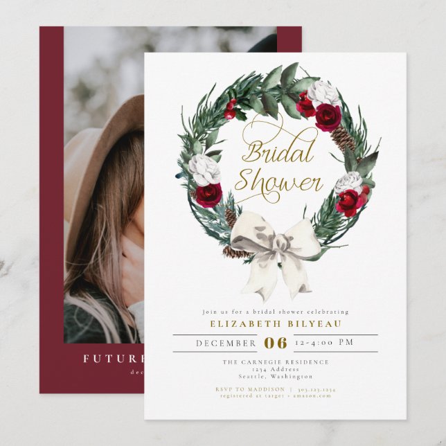 HOLLY Winter Christmas Burgundy Bridal Shower  Invitation (Front/Back)