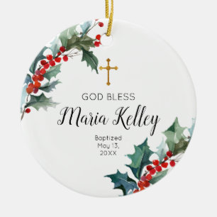 Holly  Winter Floral Personalised Girl Baptism Ceramic Tree Decoration