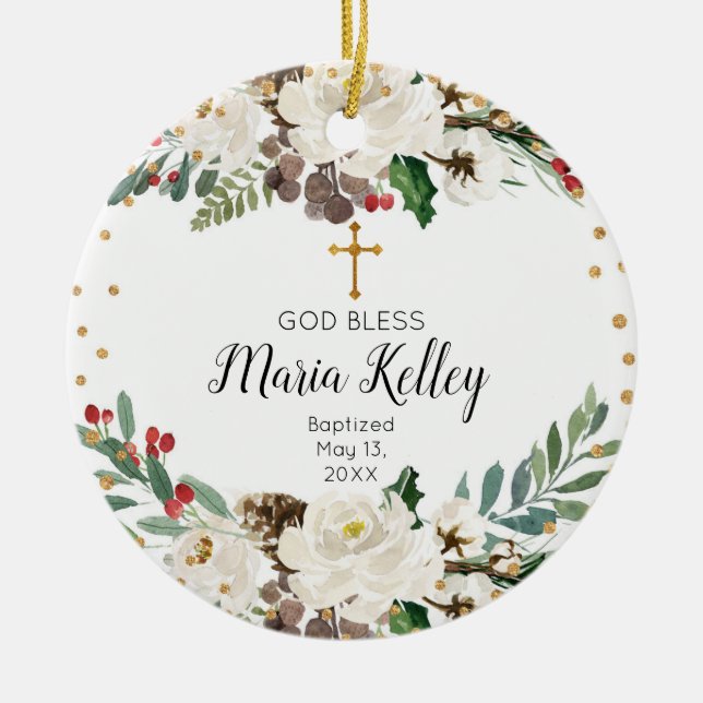 Holly Winter Floral Personalised Girl Baptism Ceramic Tree Decoration (Front)