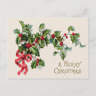 Holly Winterberry Red Ribbon Postcard