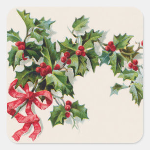 Holly Winterberry Red Ribbon Square Sticker