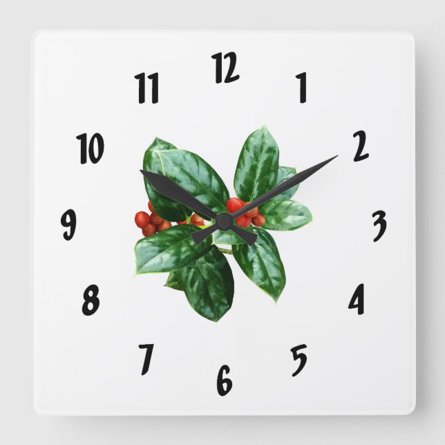 Holly With Berries Square Wall Clock (Front)