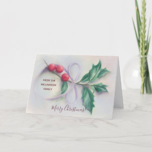 Holly with Bow Pastel Personalised Christmas Holiday Card