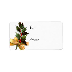Holly With Gold Bow Vintage Gift Tag
