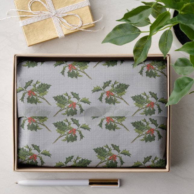 Holly with Red Berries on grey Background Tissue Paper (Gift)