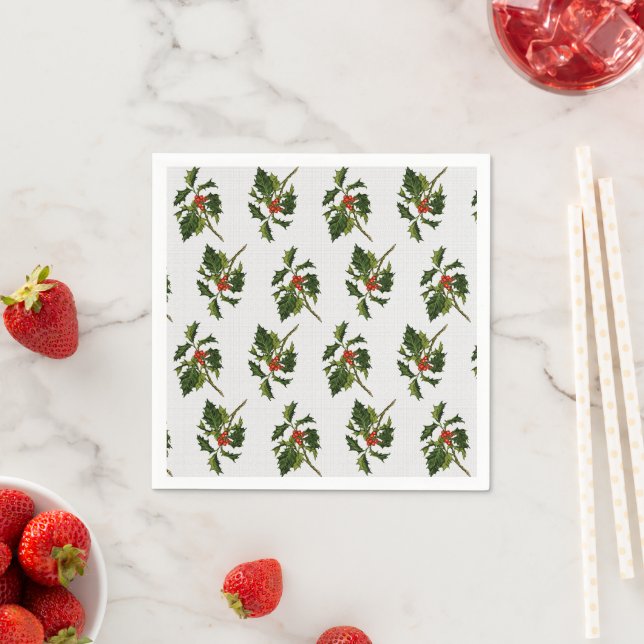 Holly with Red Berries on Ivory Texture Background Napkin (Insitu)