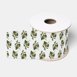 Holly with Red Berries on Ivory Texture Grosgrain Ribbon