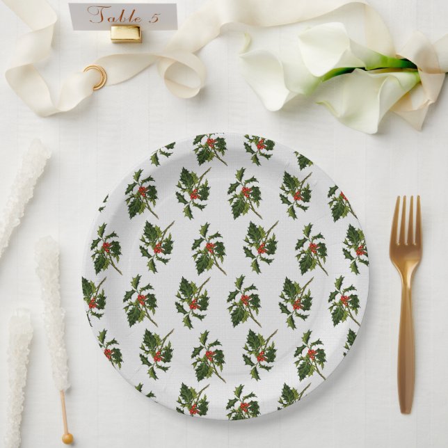 Holly with Red Berries on Ivory Texture Paper Plate (Wedding)