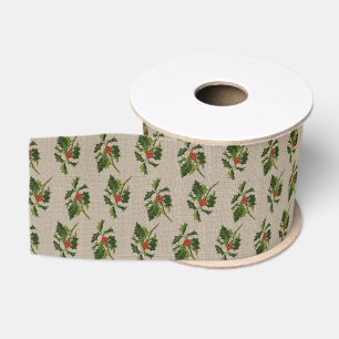 Holly with Red Berries on Natural Texture Grosgrain Ribbon