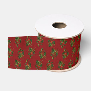 Holly with Red Berries on Red Texture Grosgrain Ribbon