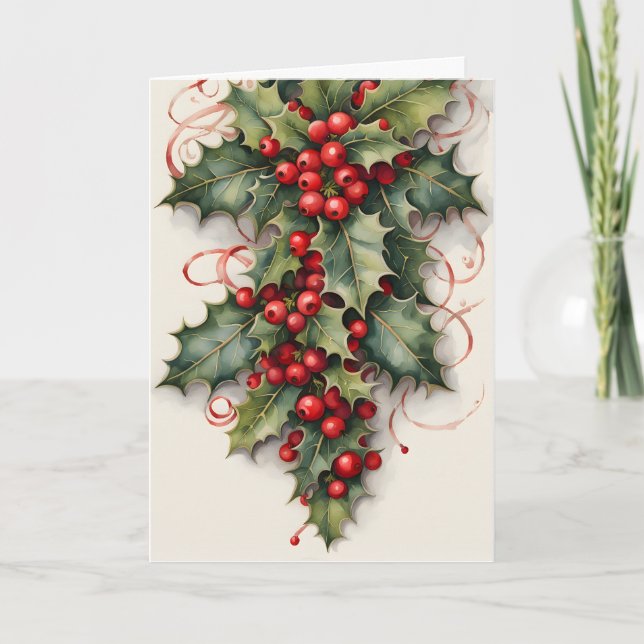Holly with Vibrant Red Berries Christmas Card (Front)