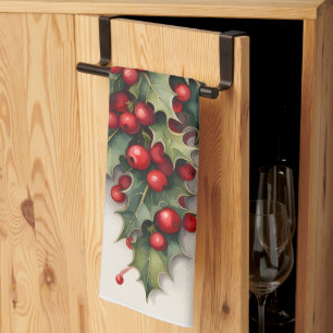 Holly with Vibrant Red Berries Tea Towel