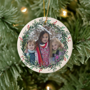 Holly Wreath Add your Own photo Christmas Ceramic Tree Decoration