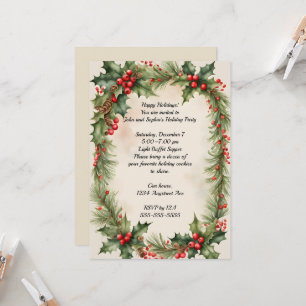 Holly Wreath and Berries Christmas Party Invitation
