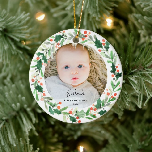 Holly Wreath Baby 1st Christmas Photo Ornament (Tree)