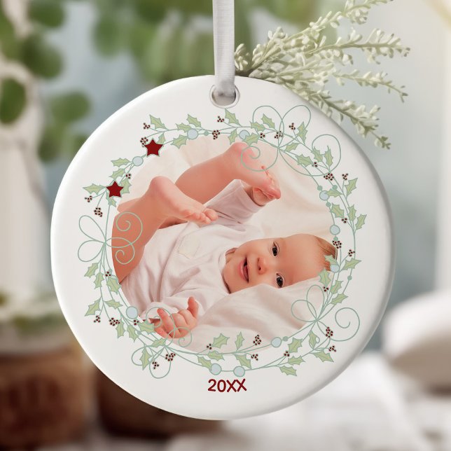 Holly Wreath - Baby Boy First Christmas Photo Ceramic Tree Decoration (Baby's First Christmas keepsake photo ornament)