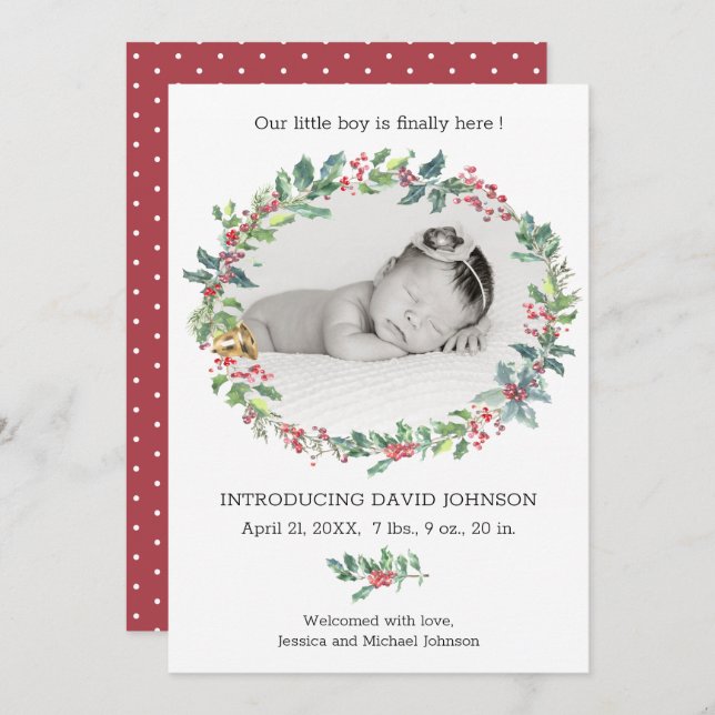 Holly Wreath Baby Boy Holiday Birth Announcement (Front/Back)