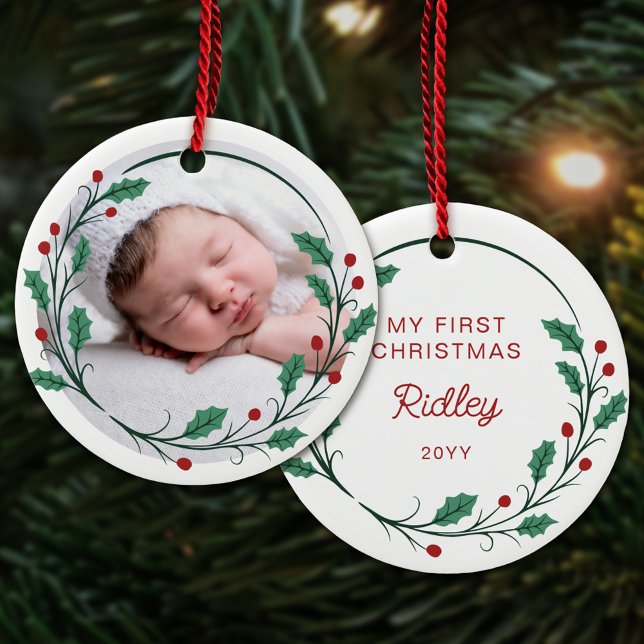 Holly Wreath Baby's First Christmas Round Photo Ceramic Tree Decoration (Creator Uploaded)