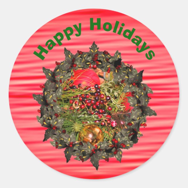 Holly Wreath Berries Christmas Holiday  Classic Round Sticker (Front)