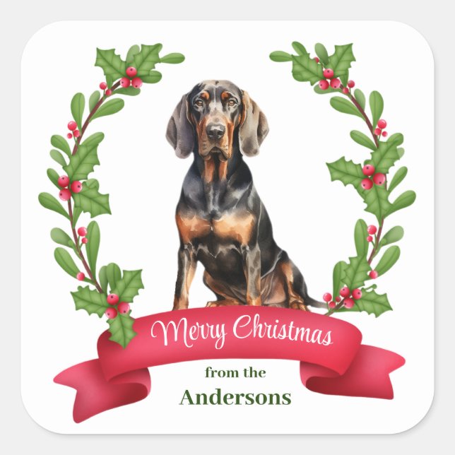 Holly Wreath Black Tan Coonhound Christmas  Square Sticker (Front)