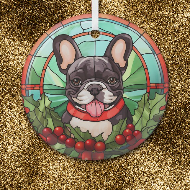 Holly Wreath Black White French Bulldog Glass Tree Decoration (Creator Uploaded)