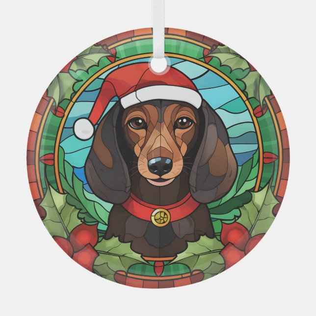 Holly Wreath Brown Dachshund Christmas Glass Tree Decoration (Front)