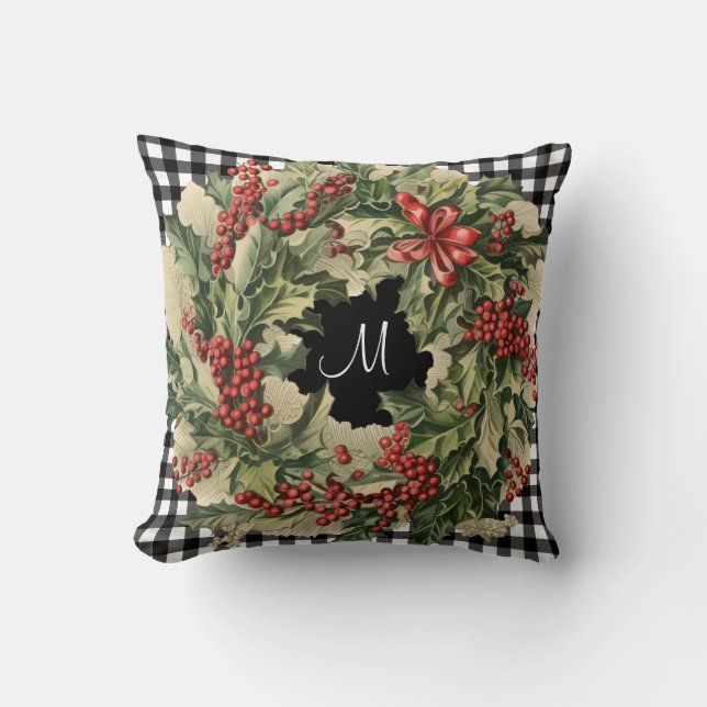 Holly Wreath buffalo plaid custom family name Cushion (Front)