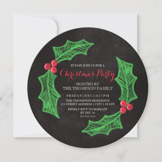 Holly Wreath Chalkboard Christmas Party Invitation (Front)