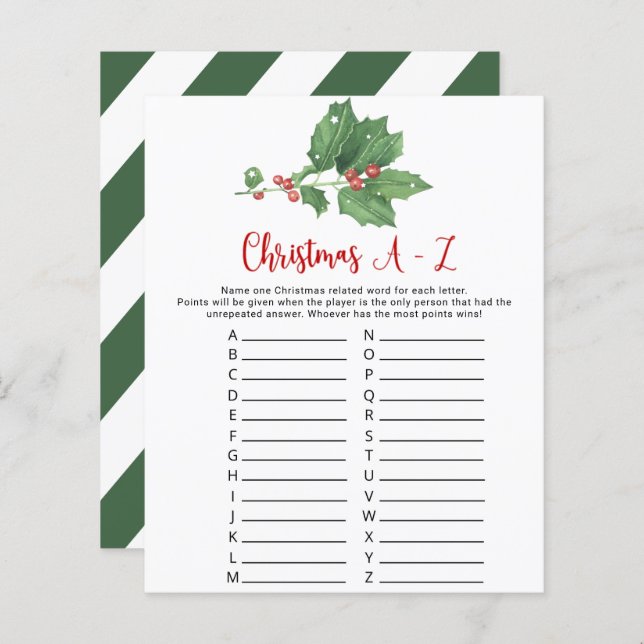 Holly Wreath Christmas A-Z Game Card  (Front/Back)