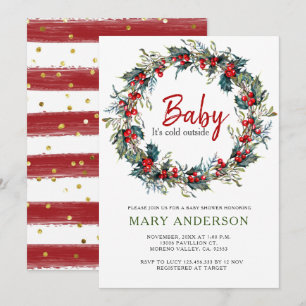 Holly Wreath Christmas Baby Shower Invitation