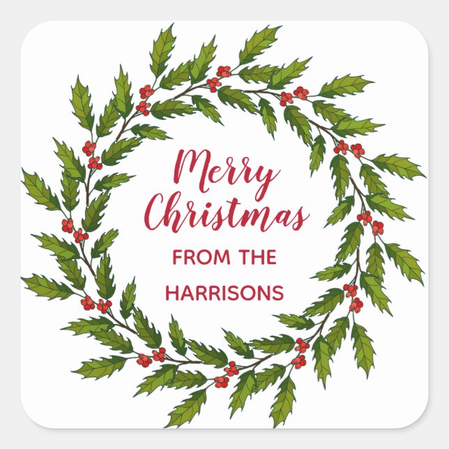 Holly Wreath Christmas Design Sticker Label (Front)