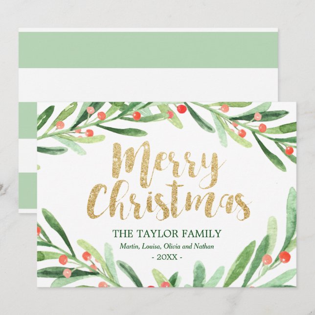 Holly Wreath Christmas Holiday Card (Front/Back)