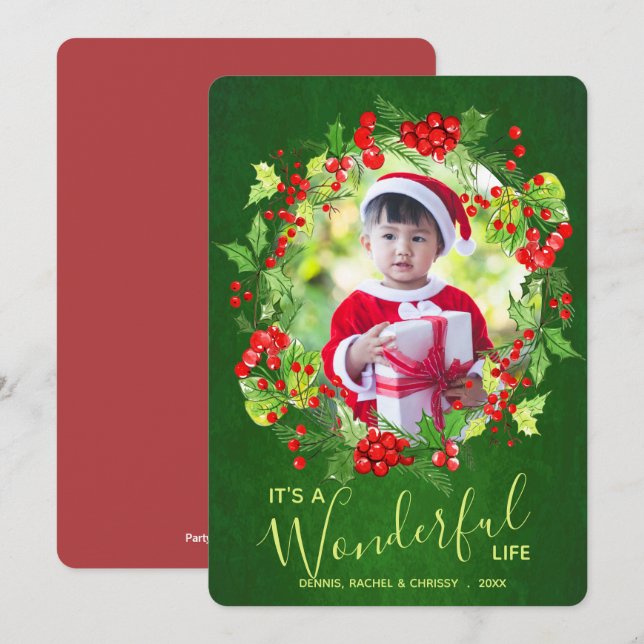 Holly Wreath Christmas Photo Holiday Card (Front/Back)