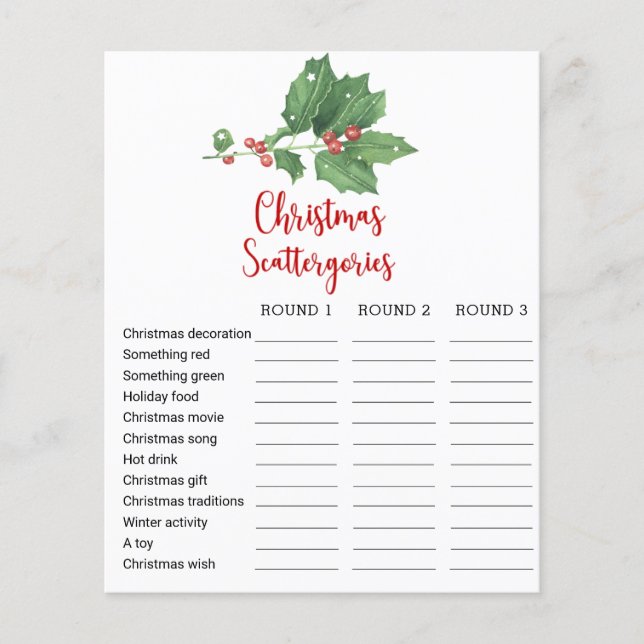 Holly Wreath Christmas Scattergories Game Card (Front)