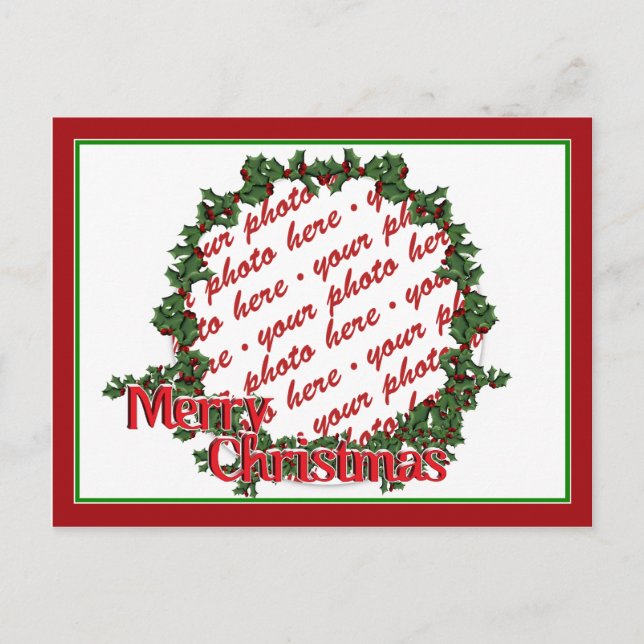 Holly Wreath Circle Photo Frame Holiday Postcard (Front)