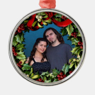 Holly Wreath Custom Photo Personalised Christmas Metal Tree Decoration