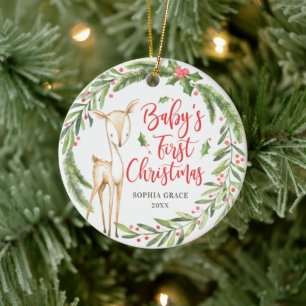 Holly Wreath Deer Baby's First Christmas Photo Ceramic Tree Decoration