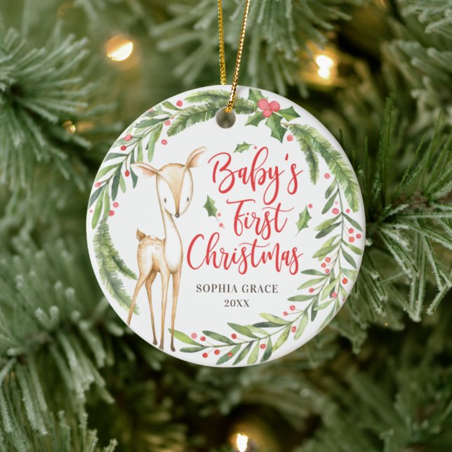 Holly Wreath Deer Baby's First Christmas Photo Ceramic Tree Decoration (Tree)