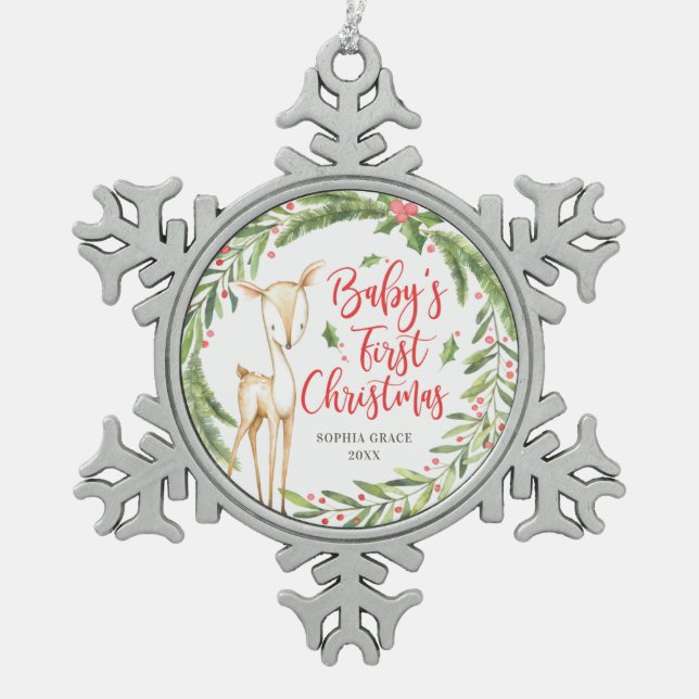 Holly Wreath Deer Baby's First Christmas Snowflake Pewter Christmas Ornament (Front)