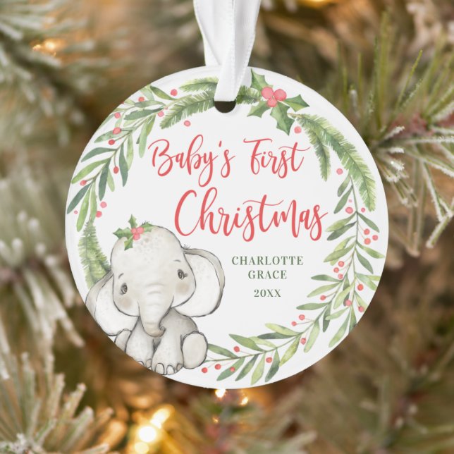 Holly Wreath Elephant Baby's First Christmas Photo Ornament (Tree)